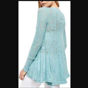 FREE PEOPLE Coffee in the Morning Tunic Astral Sea Seafoam Sheer Knit Lace Boho